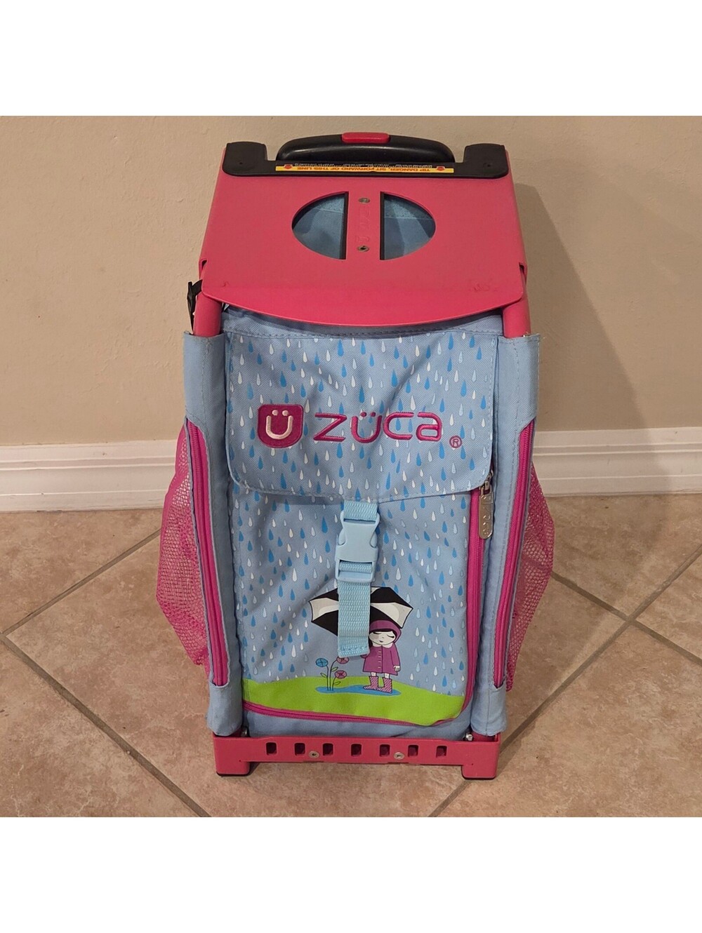 Zuca Rolling Bag with Pink Frame and Rain Drop Design